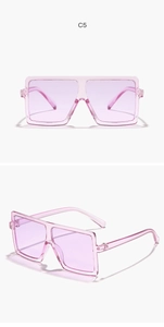 Detail view of pink square frame children's sunglasses with purple gradient lenses