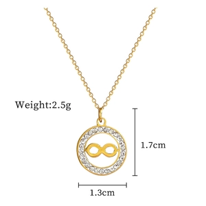 Detailed view of infinity pendant with rhinestones and technical size measurements