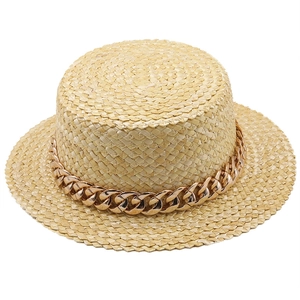 Chapeau De Paille Pour Femmes Large Bord Ombrage Sommet Plat Été Plage Voyage Élégant Ruban Chaîne En Métal Décor Rétro