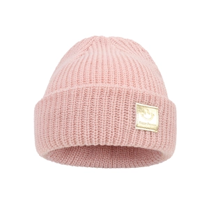 Detail of pink knitted baby beanie showing chunky texture and golden happy face leather tag
