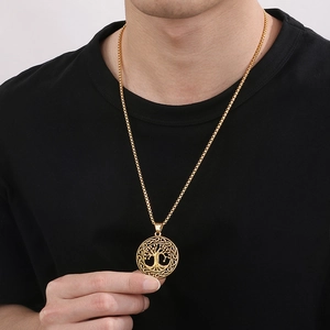 Golden Nordic Tree of Life pendant with Celtic knot edge on a square box chain for men