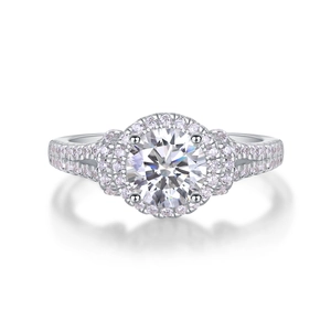 Luxury S925 sterling silver ring with large round moissanite and halo setting on white background