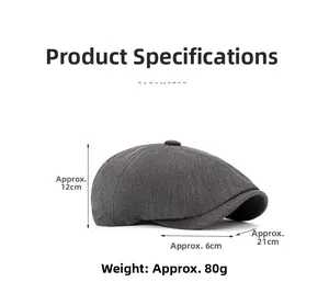 Detail of dark grey herringbone newsboy cap with precise size and weight measurements