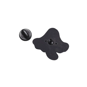 Black enamel mushroom brooch back view with durable rubber clutch and pin fastener