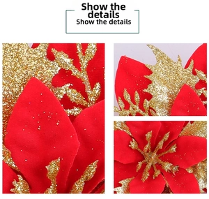 Detail shot of a red velvet Christmas flower with shimmering gold glitter on petals