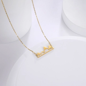 Minimalist mountain peak hollow pendant necklace in polished gold finish with link chain