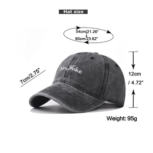 Detailed size specifications for washed dark gray cotton baseball cap with No Joke embroidery