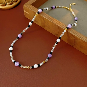 Vintage Artificial Pearl Beaded Necklace Women Ethnic Style Natural Stone Agate Brass Clavicle Chain Jewelry