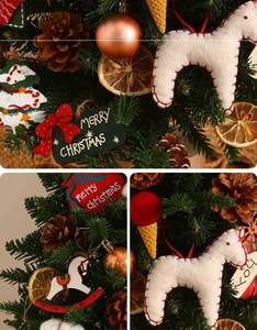 Close-up of DIY felt ornaments, pine cones, and dried orange slices on a mini Christmas tree