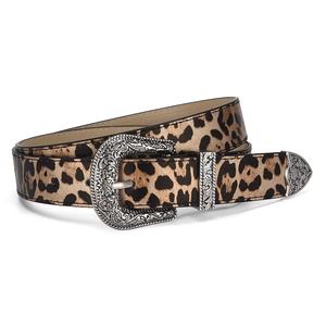 Ceinture femme style western à motif léopard avec boucle argentée gravée chic