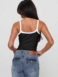 Back view of a black ribbed knit camisole featuring delicate white lace trim details