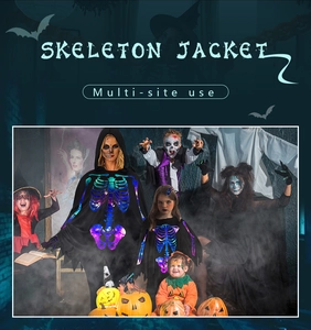 Detail of black skeleton jacket with purple iridescent bone print for Halloween costumes