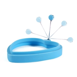 Blue heart-shaped silicone egg pancake mold with metal handle for kitchen cooking
