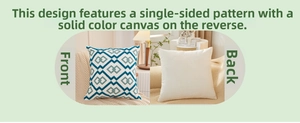Detail view of cotton embroidery pillow featuring blue geometric diamond patterns and canvas back