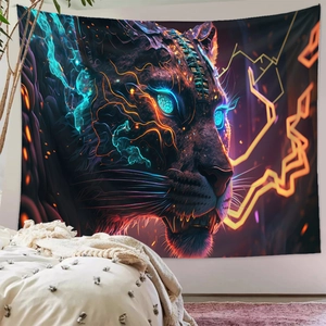 Detail of neon cyberpunk tiger tapestry showing vivid blue and orange colors on a wall