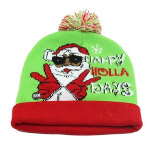 Detailed knit pattern on Christmas beanie with LED button and Santa design