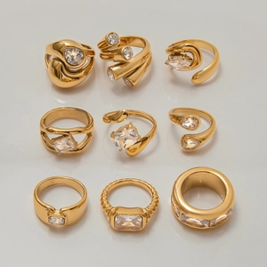 Detailed grid showing nine styles of gold plated stainless steel zircon rings set