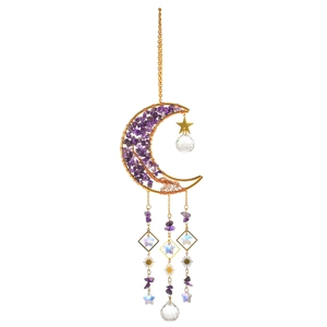 Handmade moon tree of life suncatcher with purple amethyst stones and hanging crystals