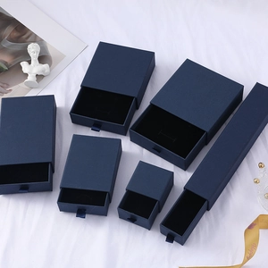 Dark blue drawer jewelry gift box set with ribbon handles for rings and necklaces