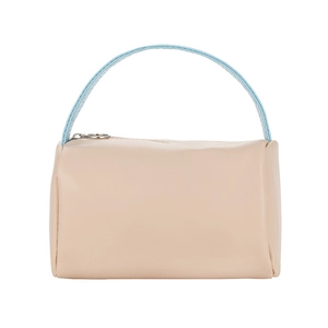 Pink and blue travel cosmetic bag with smooth leather finish and silver zipper closure