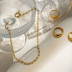 Minimalist gold stainless steel cross chain necklace and assorted rings set for women