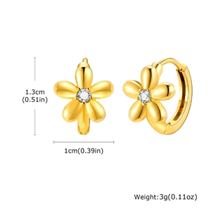 Detailed view of gold flower earrings with dimensions 1.3x1cm and clear zircon center