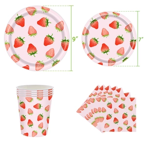 Pink strawberry themed party tableware set including paper plates, cups and napkins
