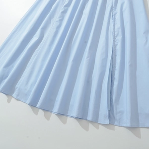 French vintage light blue pleated dress with back lace-up waist and side slit details