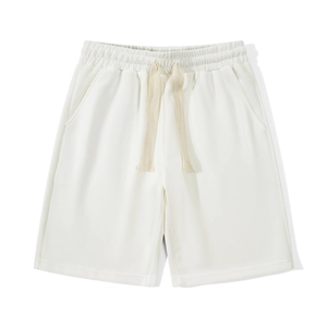 Heavyweight cream waffle knit sports shorts for men and women with adjustable drawstring waist