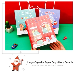 Close-up of Christmas gift bags featuring snowman and Santa Claus cartoon illustrations