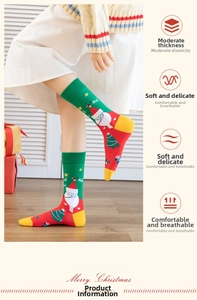 Detail of Christmas cotton socks with festive patterns shown in a cozy holiday setting