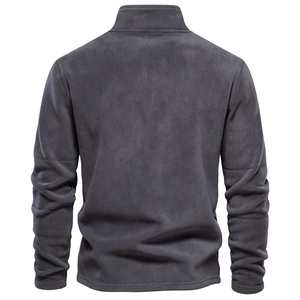 Rear full view of men's dark grey polar fleece quarter-zip sweatshirt with a stand collar