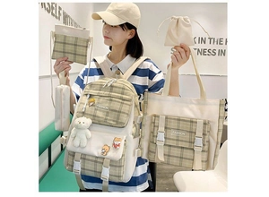 5-piece set of green plaid canvas backpacks including tote and pencil case for school