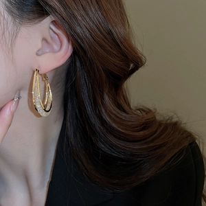Close-up of golden dual-hoop earrings featuring micro-pave zircon crystals on a model