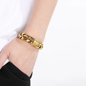 Men's punk style gold plated stainless steel curb chain bracelet with square clasp