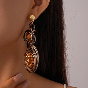 Retro geometric flower drop earrings with amber glass beads and gold finish for women
