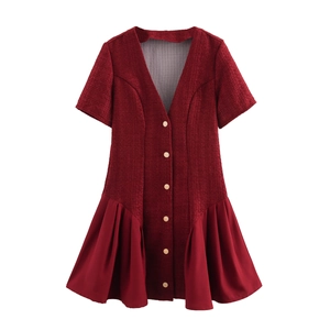 Women Wine Red Tweed Mini Dress Elegant V Neck Short Sleeve Button Front Patchwork Pleated Ruffle Hem