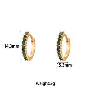 Minimalist 18K gold plated hoop earrings with green zircon pave, 14.3mm height