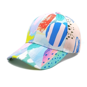 Detail of artistic graffiti mushroom pattern on a vibrant canvas baseball cap