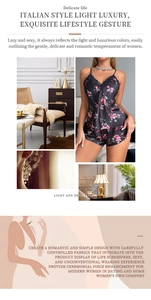 Détail d'un ensemble de pyjama en satin noir fleuri avec dentelle et bretelles fines