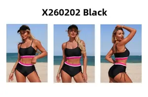 Detail of black two-piece swimsuit featuring pink striped elastic bands and side drawstrings