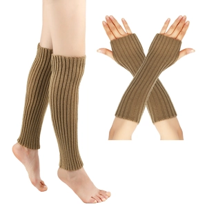 Close-up of brown ribbed knit leg warmers and matching arm sleeves set for winter