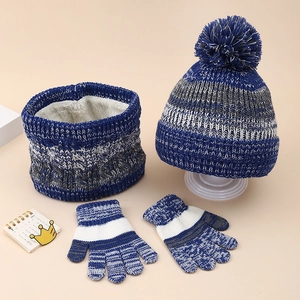 Detail of kids winter knit set showing thick fleece lining in neck warmer and striped texture