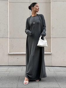 Women's dark grey knit long cardigan and sleeveless midi dress two-piece set