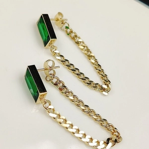 Golden drop earrings featuring rectangular emerald green zircon stones and fine chain link