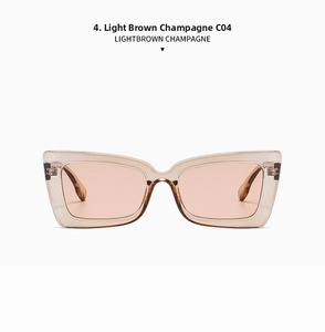 Detail view of square light brown champagne sunglasses with transparent frames and UV protection