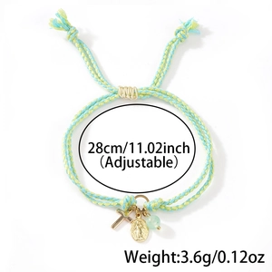 Adjustable hand-woven cord bracelet with cross charms and green aventurine bead charm