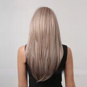 Detailed back view of long straight layered ombre wig in light ash brown with V-cut ends