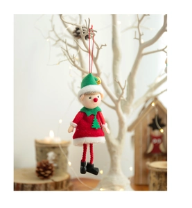 Detail of cute Christmas elf doll ornament with red rope and festive felt texture
