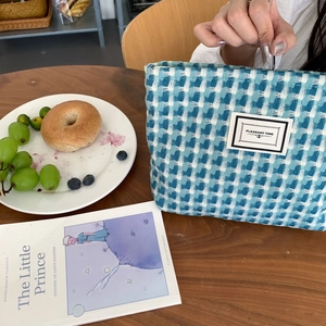 Gros plan détaillé sur la trousse tissée à carreaux bleu et blanc avec fermeture éclair